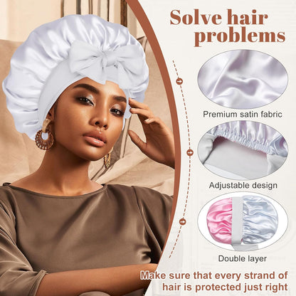 Satin Bonnet for Sleeping Cap Double Layer Hair Bonnet with Elastic Tie Band for Curly Hair Night Cap (Bean Paste + Pink)