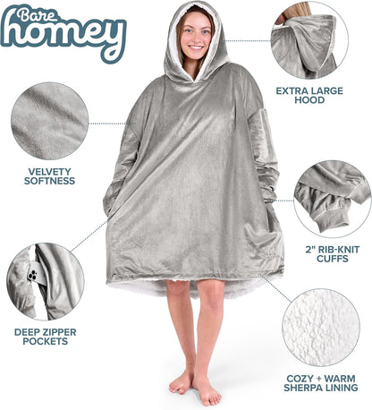 Bare Home Wearable Blanket Hoodie - Soft Plush Sherpa - Warm and Cozy - Oversized Wearable Blanket