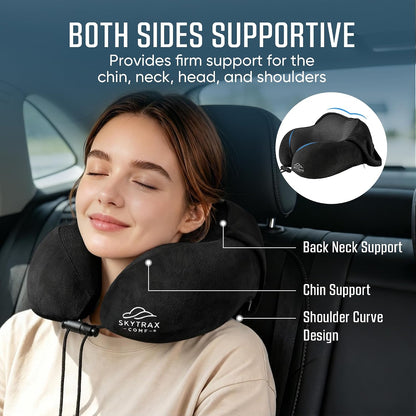 SkytraxComf® Travel Neck Pillow with Hood for Privacy on Long Flights | Memory Foam | Airplane Sleep | Safety-Tested Materials | Extra Large Hood | Chin Support | Earplugs | Washable Cover