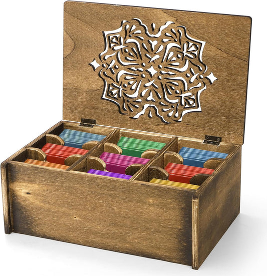 WRINGKIT Tea Bag Organizer Storage Box, Wood Tea Holder Box, 9 Compartments Teas Chest Containers with Floral Carved Lid for Assorted Spice Packets, Home Decor, Multi-Functional Storage Boxes