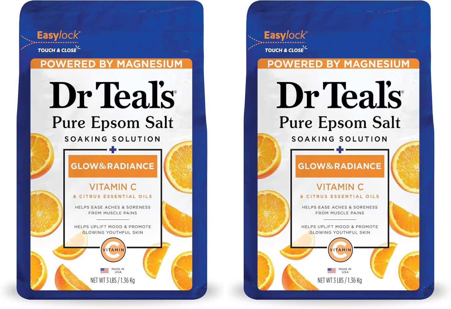 Dr Teal's Pure Epsom Magnesium Salt Soak, Glow & Radiance with Vitamin C & Citrus Essential Oils, 3 lbs