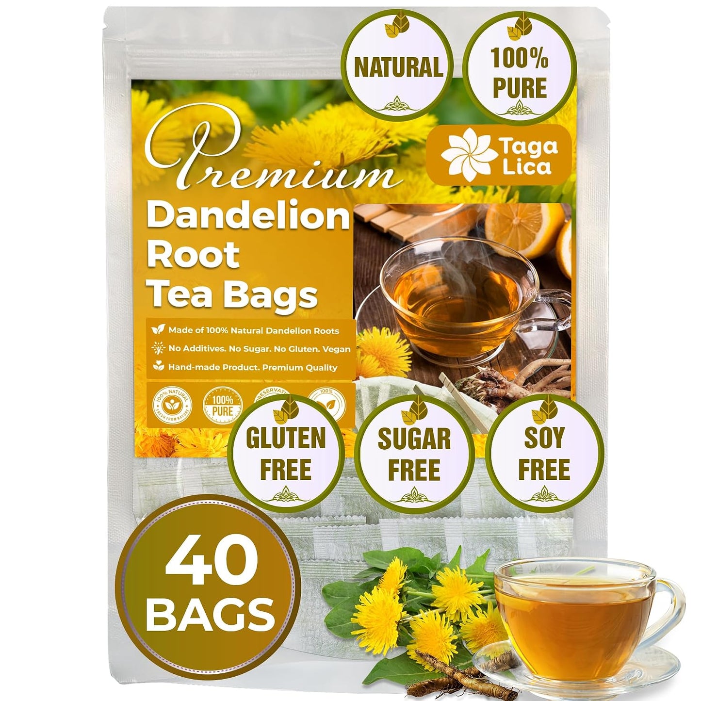 Tagalica, Premium 135 Dandelion Root Tea Bags, 100% Natural & Pure from Dandelion Root, Eco-Conscious Tea Bags, Herbal Tea. No Sugar, No Caffeine, No Gluten, Vegan