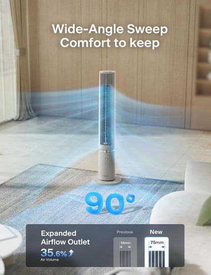 PELONIS 40 inch Bladeless Tower Fan for Bedroom, Standing Fan with Remote Control, 26ft/s, 90° Oscillation, 3 Speed Settings, 27dB, 3 Modes, 15-Hour Timer, LED Display, Fan that Blows Cold Air, White