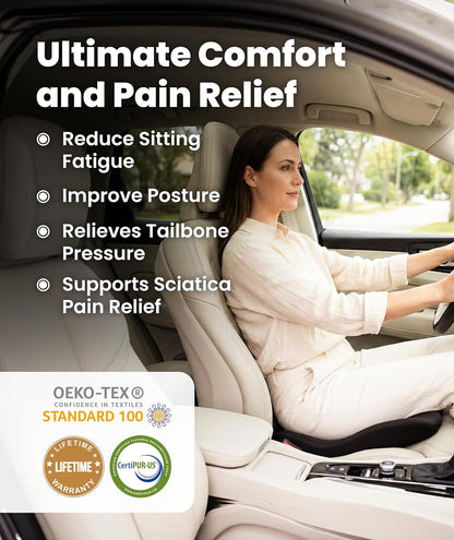 Everlasting Comfort Car Seat Cushion for Driving - Orthopedic Car Cushion for Office, Travel, Gaming Chair Memory Foam Driver Booster for Short People, Non-Slip, Washable Cover, Back & Sciatica Relief