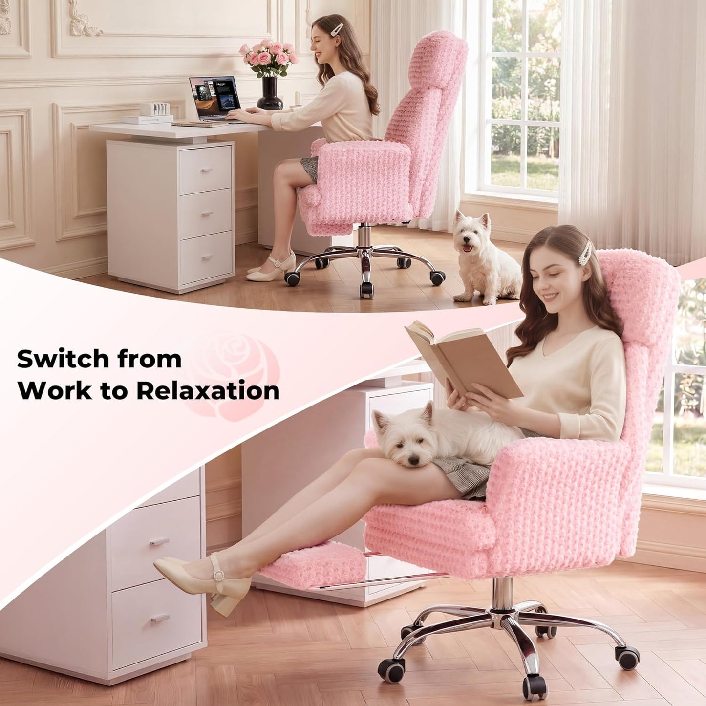Big and Tall Office Chair, Flip Armrests for Pets & Cross Legged Sitting, Executive Ergonomic Computer Gaming Chair with Foot Rest, Teddy Fleece Wide Seat Reclining Desk Chair, White Vanity Chair