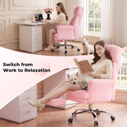 Big and Tall Office Chair, Flip Armrests for Pets & Cross Legged Sitting, Executive Ergonomic Computer Gaming Chair with Foot Rest, Teddy Fleece Wide Seat Reclining Desk Chair, White Vanity Chair