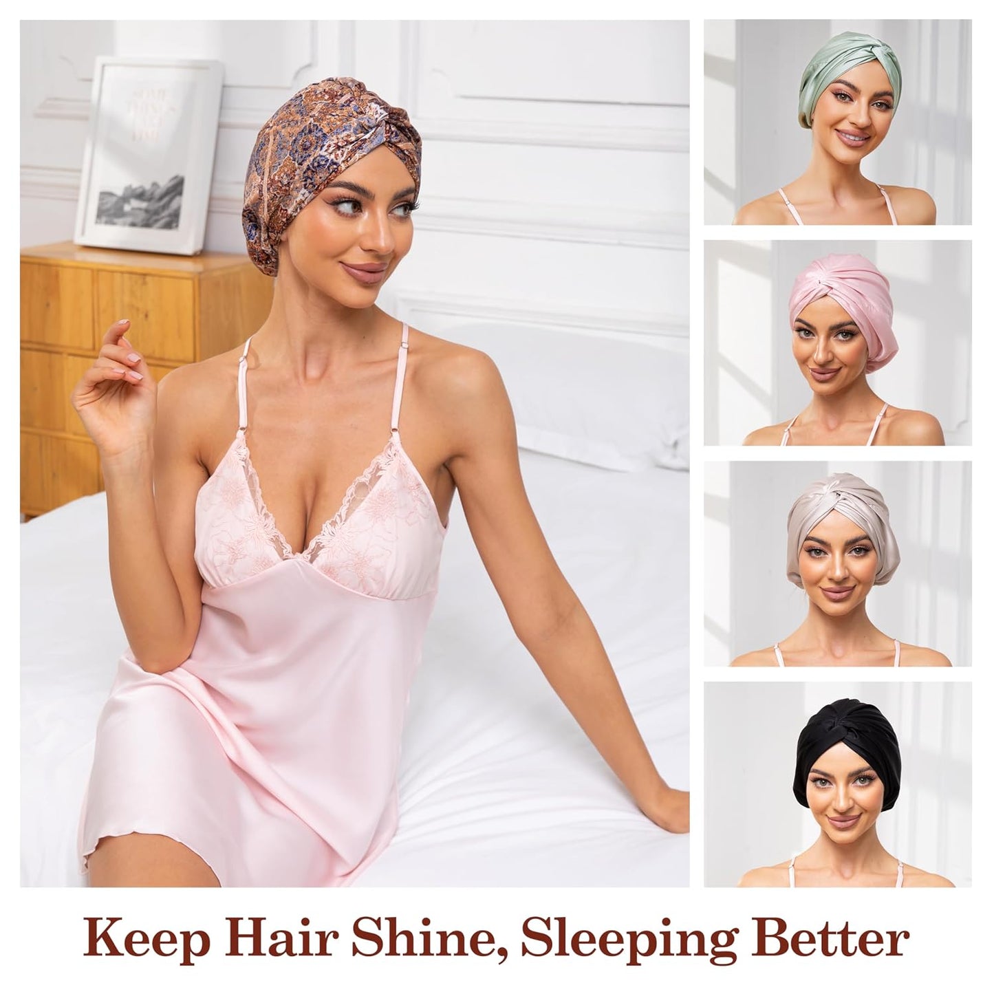 Adjustable Silk Satin Bonnet for Sleeping Hair Wrap, Double Layer Sleep Cap, Night Turban for Large Long Curly Braid Women Men Hair - Matcha Green