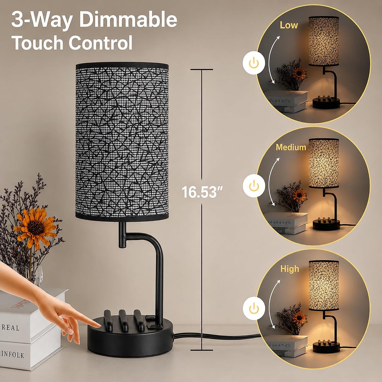 Dreamholder Touch Control USB Table Lamp with USB C/A & AC Outlet, 3-Way Dimmable Bedside Lamp, Modern Nightstand Lamps for Bedroom Living Room Guest Room Office, Bulb Included, Gold