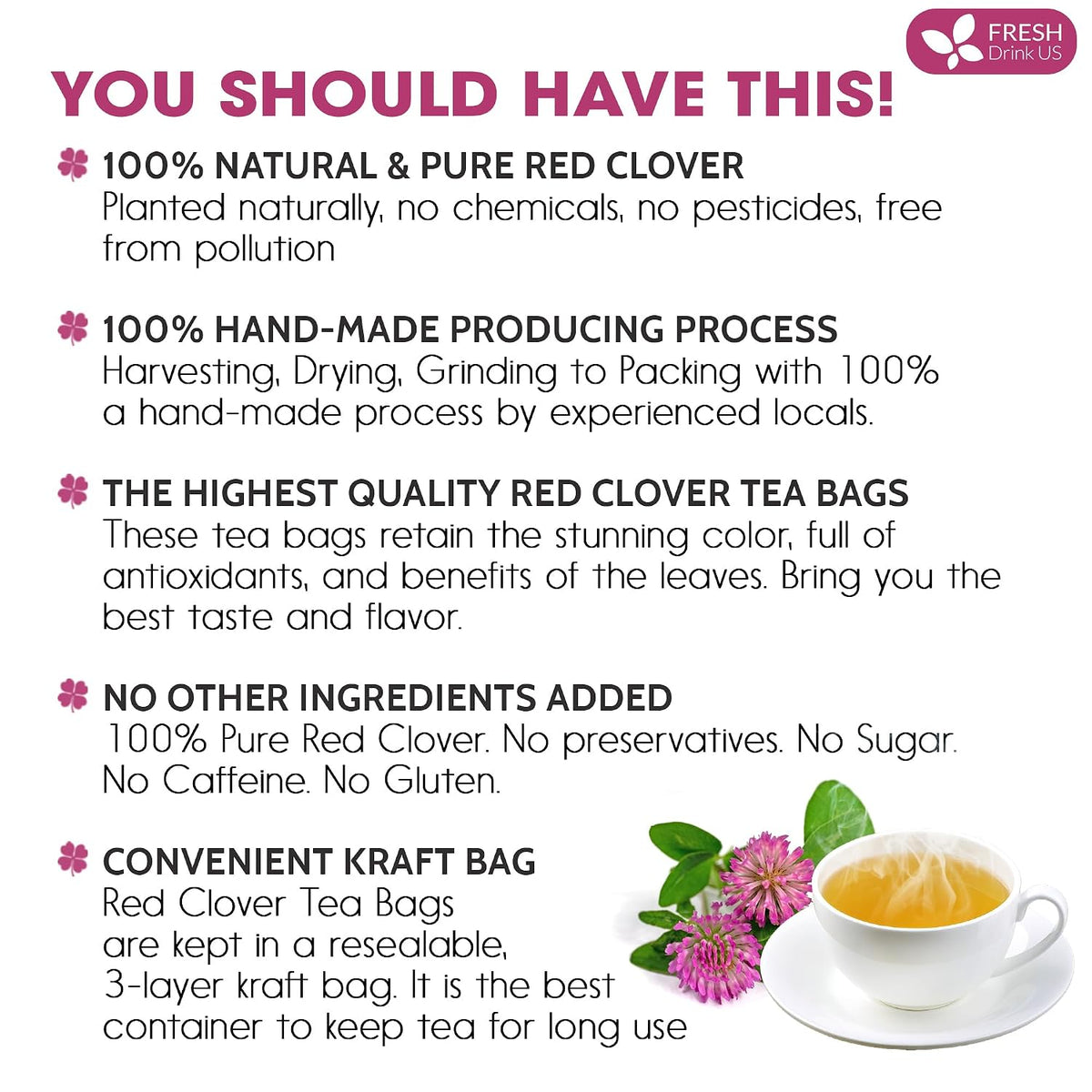 FreshDrinkUS, Premium Red Clover Herbal Tea – 135 Bags – Pure – Naturally Smooth & Mild Flavor – Eco-Conscious Packaging. Caffeine-Free. Gluten Free. Vegan.