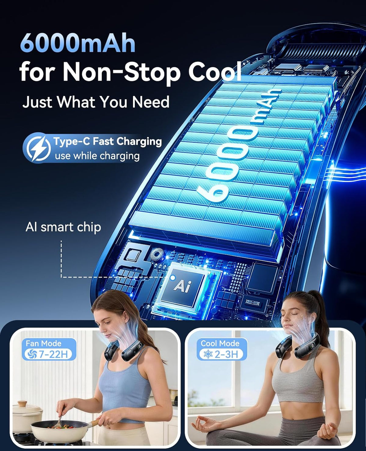 Neck Air Conditioner, Portable Neck Fan with Large Cooling Area, 22H Max Cooling, 100 Speeds, 6000mAh Battery, Digital Display, Wearable Fan for Outdoor Work, Office & Travel Black