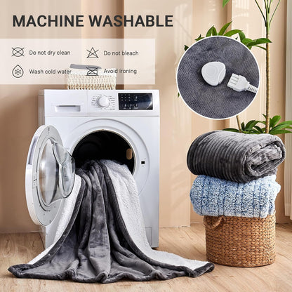 Electric Blanket Heated Throw, Soft Flannel 50"x60" Heating Blanket with 8 Hours Auto Off 10 Fast Heating Levels Machine Washable Sherpa Heated Blanket with Overheating Protection