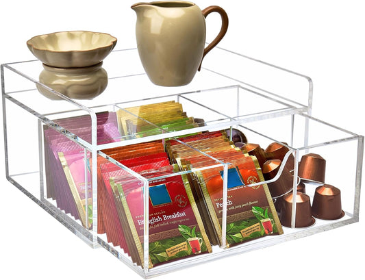 Heavy-Duty Acrylic Tea Bag Organizer, 8-Compartment Storage Box | Perfect Organizer: 8-compartment design keeps tea bags and coffee pods neatly sorted, saving space on your countertop.