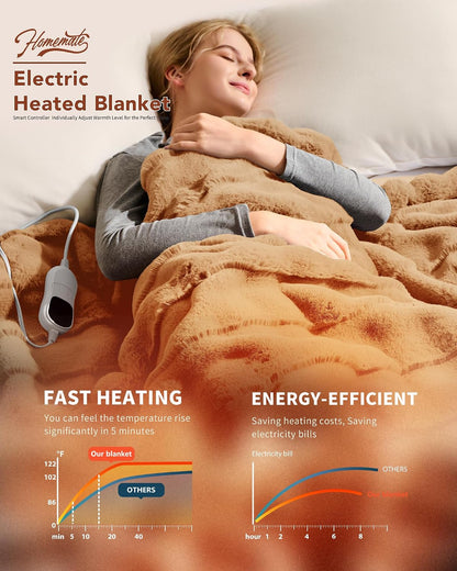 Homemate Electric Heated Blanket Twin - 62"x84" Heating Bed Blankets Throw with 10 Heating Levels 8 Hours Auto Off Fast Heating Over-Heated Protection Ultra Soft Warm Flannel ETL Certified Grey - Colors A