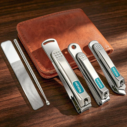 Nail Clippers Set (5 Pack), Including 1 Stainless Steel Nail Clipper, 1 Angled Toenail Clipper, 1 Large Fingernail Clipper, 1 Nano Nail File, and 1 Ear Pick; Suitable Nail Clippers for Men, Women