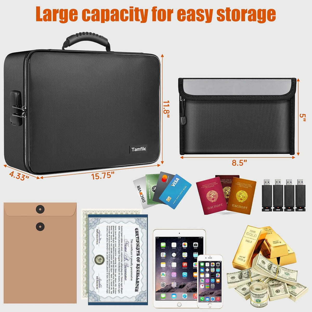 Tamfile Fireproof Document Box with Lock, Heat Insulated Safe Money Bag