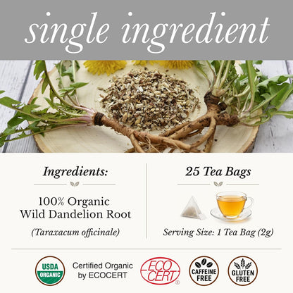 Wild Bliss Organic Wild Raw Dandelion Root Tea - Pharmacopoeia Quality Caffeine Free Herbal Detox Support - 25 Plant Based Tea Bags