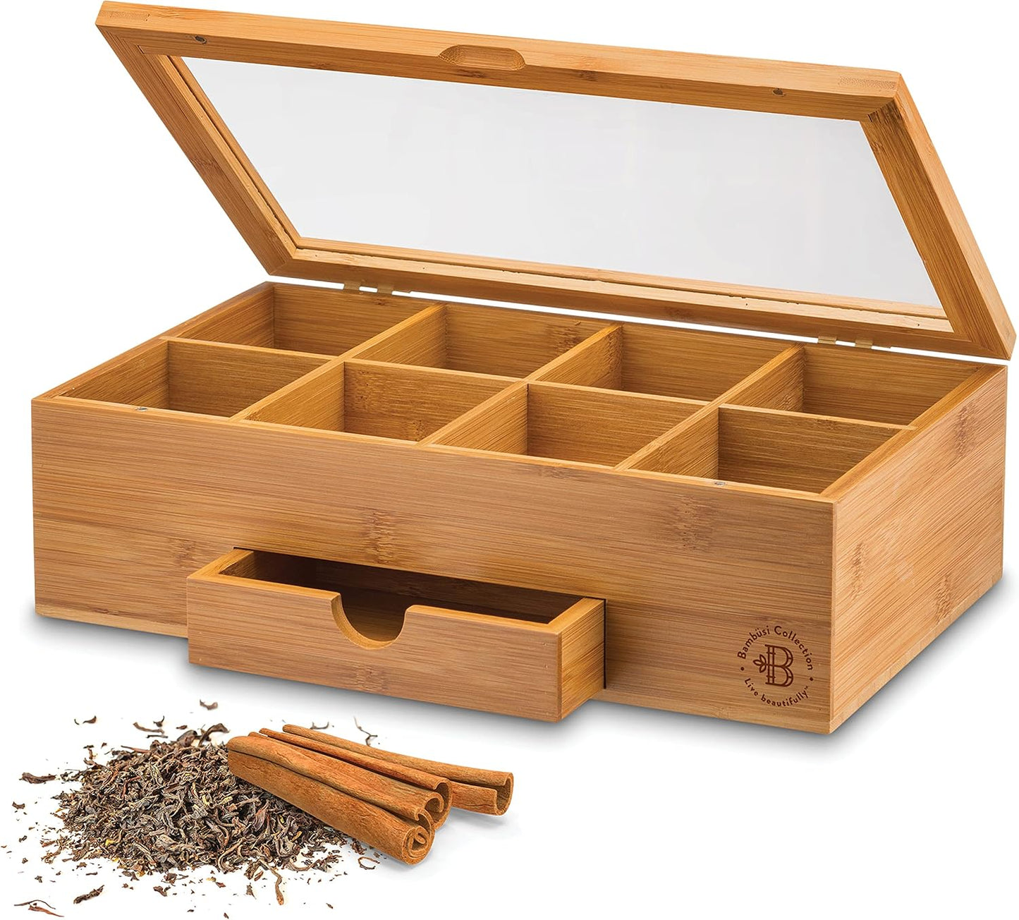 Tea Bag Organizer with Drawer - Bamboo Tea Box Organizer, 8-Compartment Tea Storage Box with Acrylic Lid and Magnetic Closure, Tea Box for Kitchen Counter, Gifts for Mom, Wife, Tea Lovers (White)