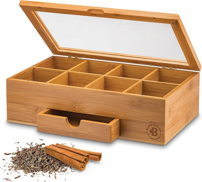 Tea Bag Organizer with Drawer - Bamboo Tea Box Organizer, 8-Compartment Tea Storage Box with Acrylic Lid and Magnetic Closure, Tea Box for Kitchen Counter, Gifts for Mom, Wife, Tea Lovers (White)