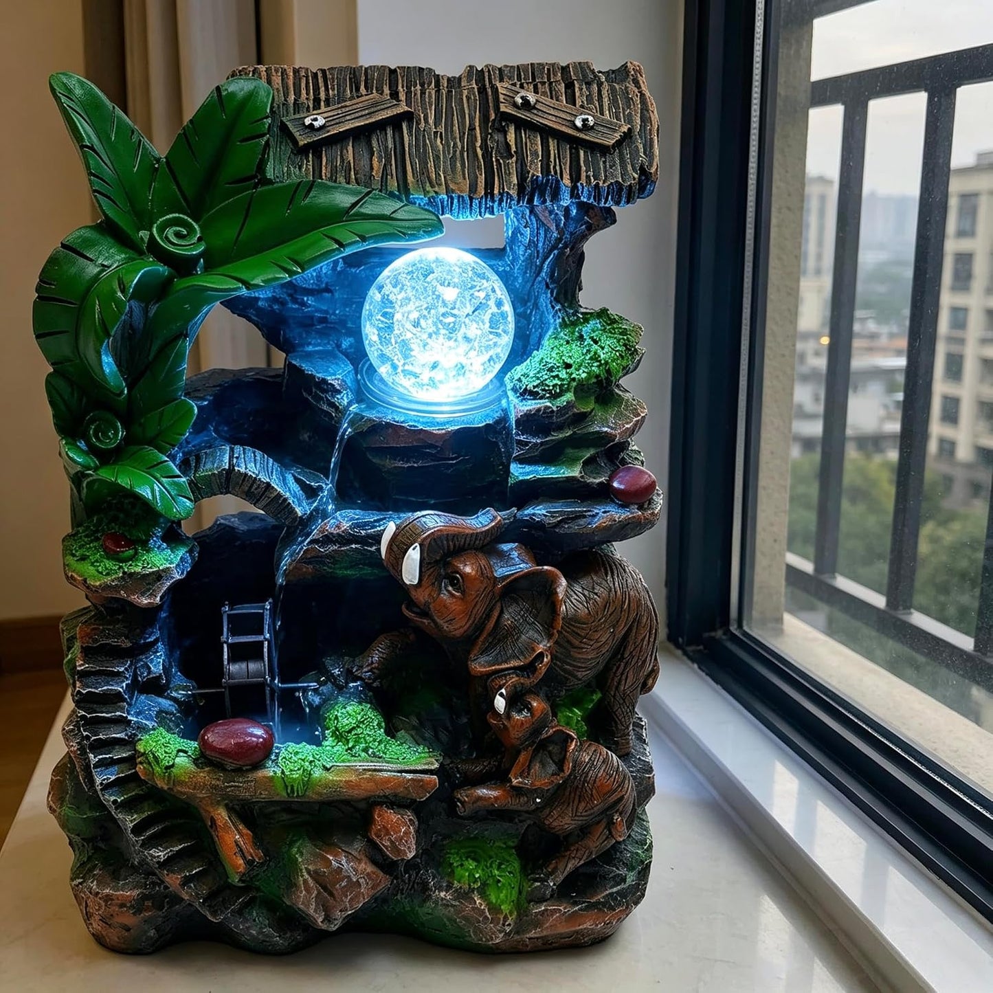 Mini Artificial Bonsai Tree Waterfall Fog Feature Rock Tabletop Fountain | 11in Desktop Decor Waterfall Fountain W/ Water Pump& Atomizer&LED Lights &Fake Tree Office Bedroom Relax