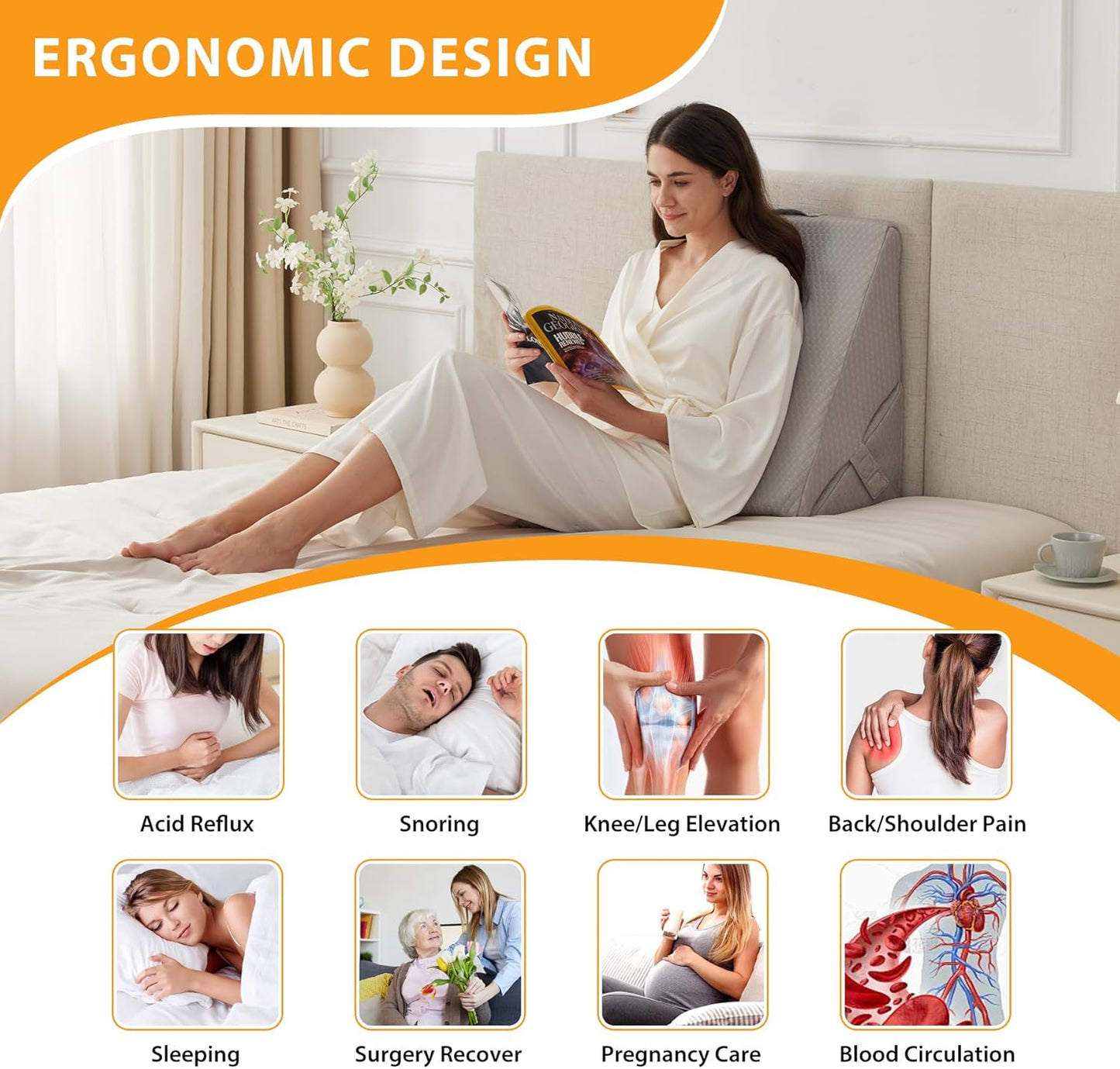 Ruqmuis 3PCS Wedge Pillow Set for After Surgery, Adjustable 9&12 Inch Bed Wedge Pillow for Sleeping, Incline Pillow Wedge for Headboard, Post Surgery, Acid Reflux, Neck&Back Support, White/Grey