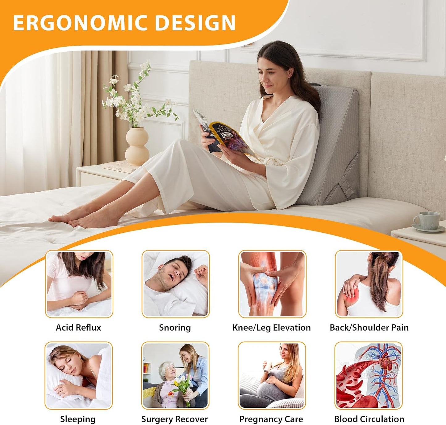Ruqmuis Wedge Pillow Set for After Surgery, 3PCS Adjustable 9&12 Inch Bed Wedge Pillow for Sleeping, Incline Pillow Wedge for Headboard, Post Surgery, Acid Reflux, Neck&Back Support, White/Grey