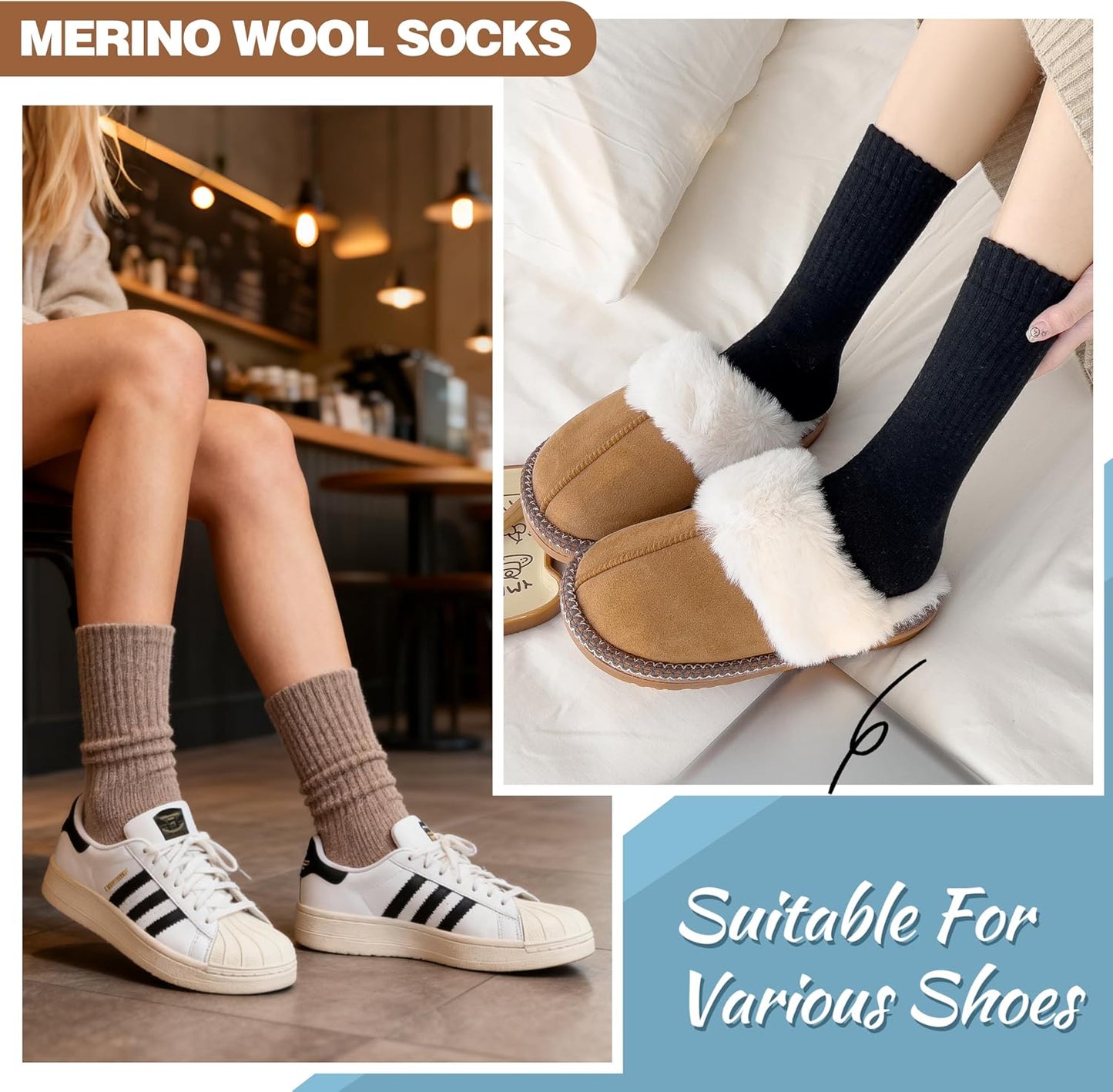 EBMORE Merino Wool Socks for Women Hiking Thermal Warm Winter Thick Boot Cozy Crew Comfy Work Socks for Ladies 5 Pairs