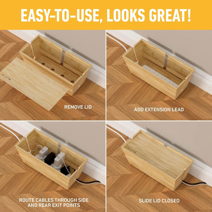 D-Line Bamboo Cable Management Box – Hide Power Strips, Large Cable Organizer Box for Home & Office, Wooden Cord Organiser for Desk, TV & Floor – Natural Finish
