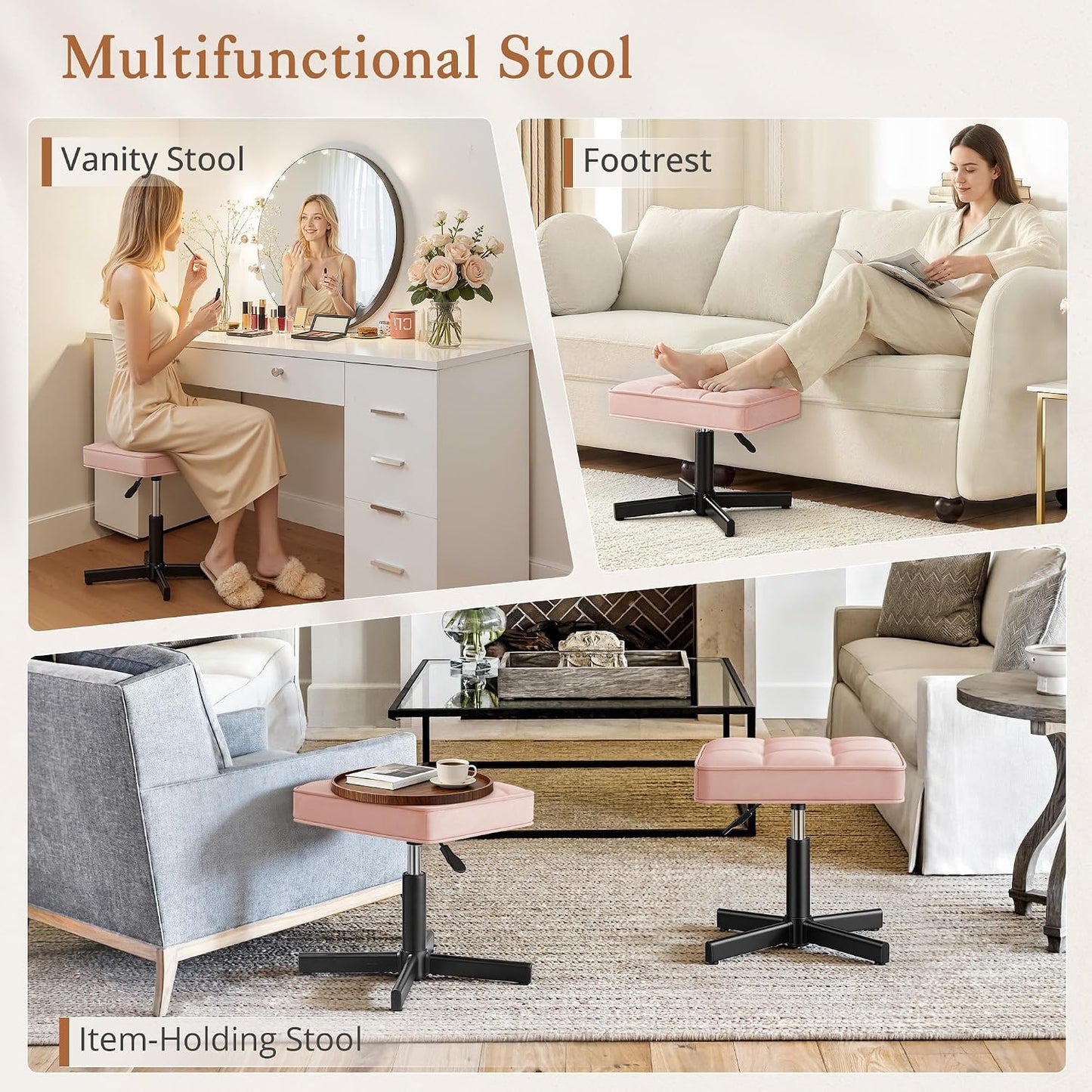 LUE BONA Adjustable Vanity Stool, Foot Rest Under Desk, 360° Swivel Vanity Chair for Makeup Room, Black Upholstered Faux Leather Ottoman for Bathroom & Living Room, 300lbs