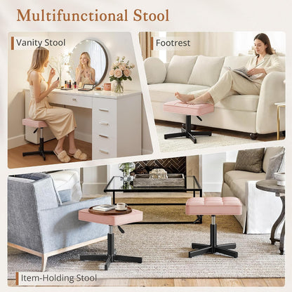 LUE BONA Adjustable Vanity Stool, Foot Rest Under Desk, 360° Swivel Vanity Chair for Makeup Room, Black Upholstered Faux Leather Ottoman for Bathroom & Living Room, 300lbs