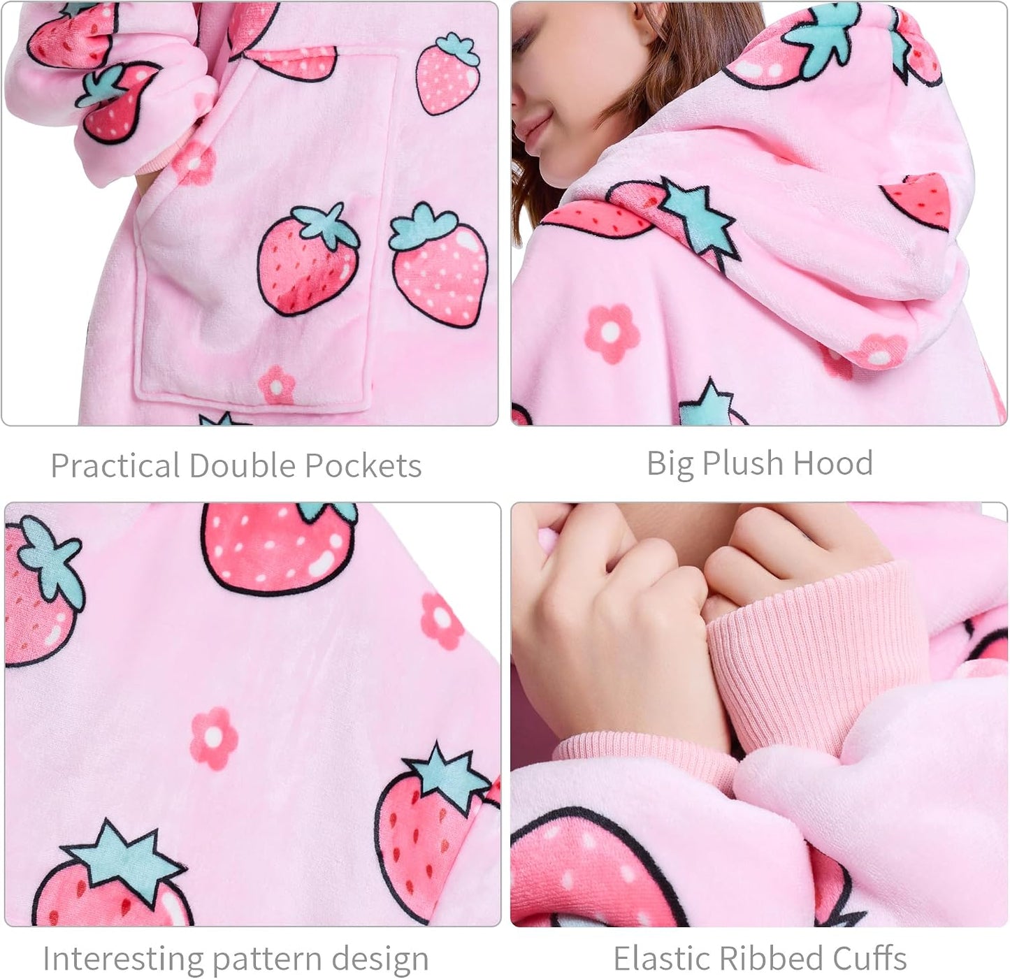 Aemicion Strawberry Blanket Hoodie,Oversized Sherpa Wearable Hooded Blanket,Warm Cozy Sweatshirt Gifts for Women Girls Adult