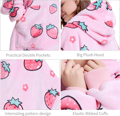 Aemicion Strawberry Blanket Hoodie,Oversized Sherpa Wearable Hooded Blanket,Warm Cozy Sweatshirt Gifts for Women Girls Adult