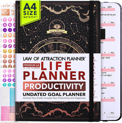 Life Planner - Undated Weekly & Monthly Planner, 12-Month Journey to Increase Productivity | Gratitude Journal, Life Organizer & Goal Journal | Include Foldable Vision Board, Habit Tracker & Stickers