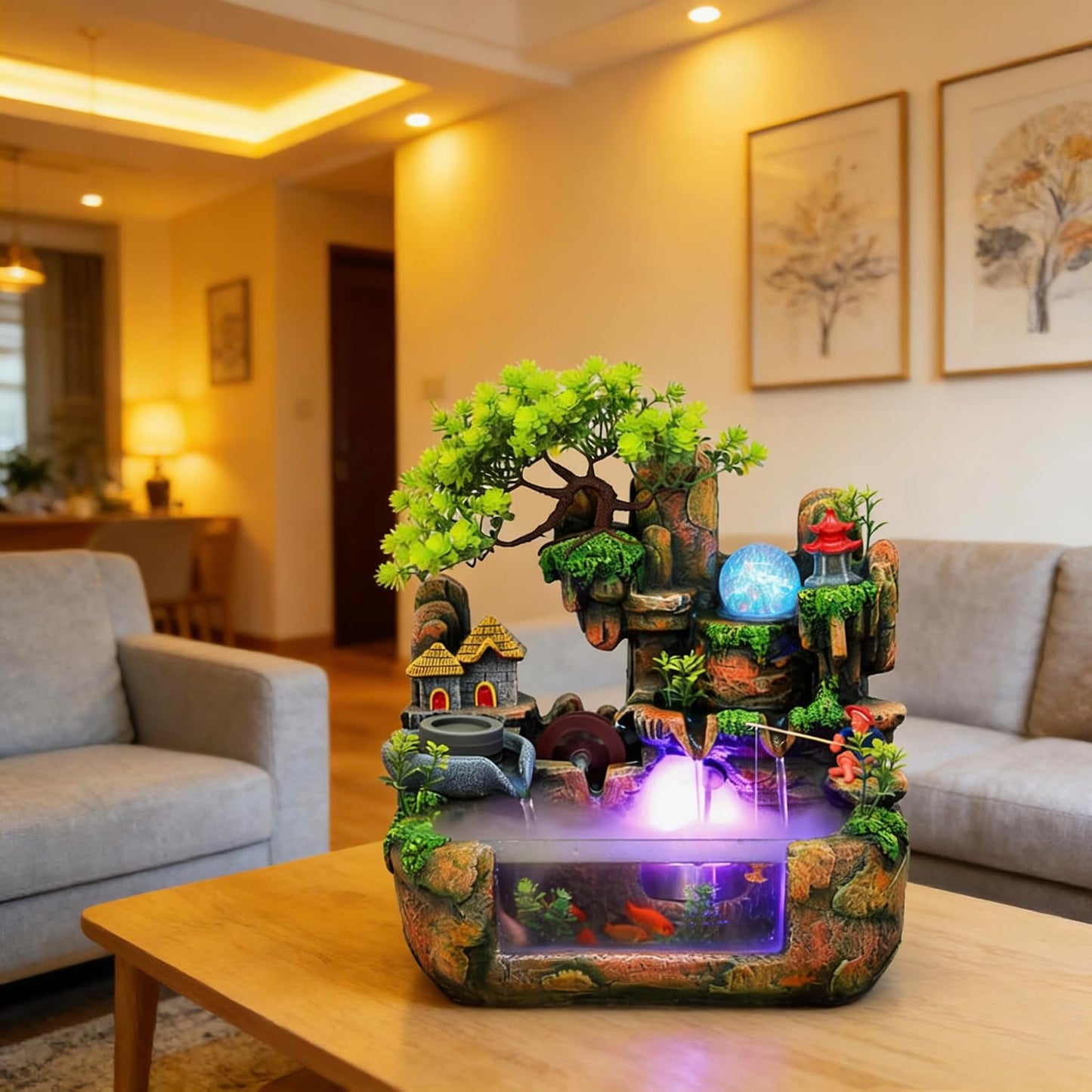 Mini Artificial Bonsai Tree Waterfall Fog Feature Rock Tabletop Fountain | 11in Desktop Decor Waterfall Fountain W/ Water Pump& Atomizer&LED Lights &Fake Tree Office Bedroom Relax