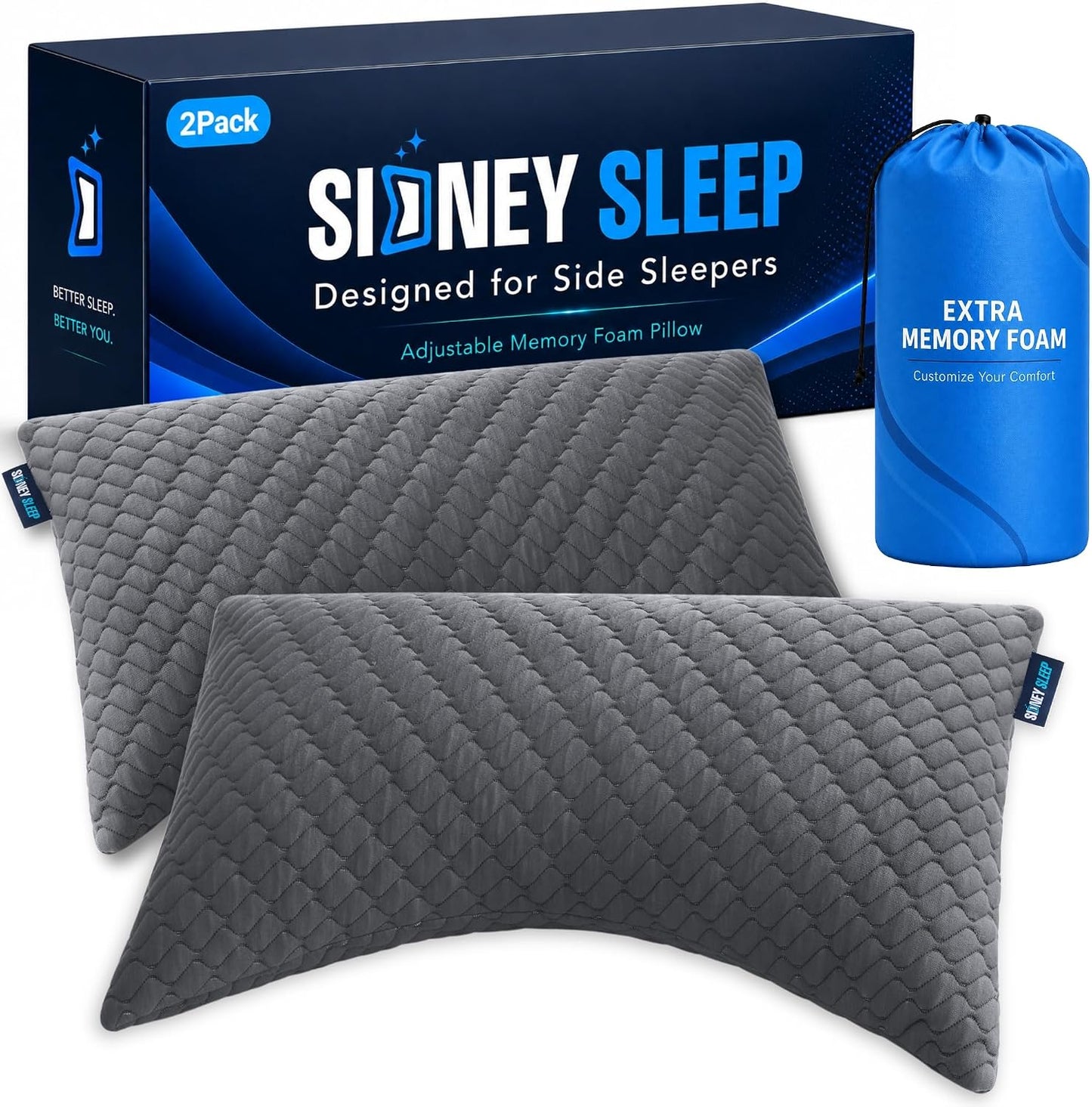 Sidney Sleep Adjustable Curved Pillows for Neck and Shoulder Support with Extra Shredded Fill - Cervical Contour Pillow for Side and Back Sleepers - Queen Size 19" x 29" CertiPUR-US Certified (White)