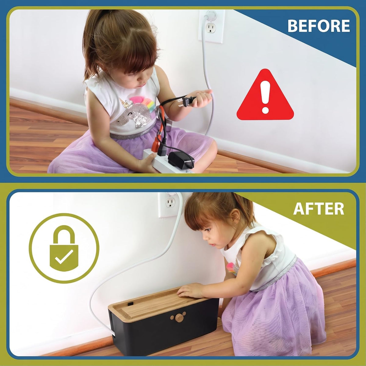 Power Strip Cover Box - Effectively Baby Proofs Power Strip with Patented Dual Lock. Convenient Side Openings for Cords & Cables. Protects Small Hands & Fingers