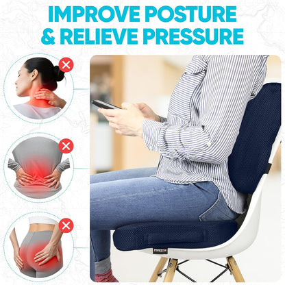 FORTEM Seat Cushion, Office Chair Cushion, Lumbar Support Pillow for Office Chair, Memory Foam Car Seat Cushions, Sciatica Coccyx Tailbone Pain Relief, Cushions for Back Support, Washable, Non Slip