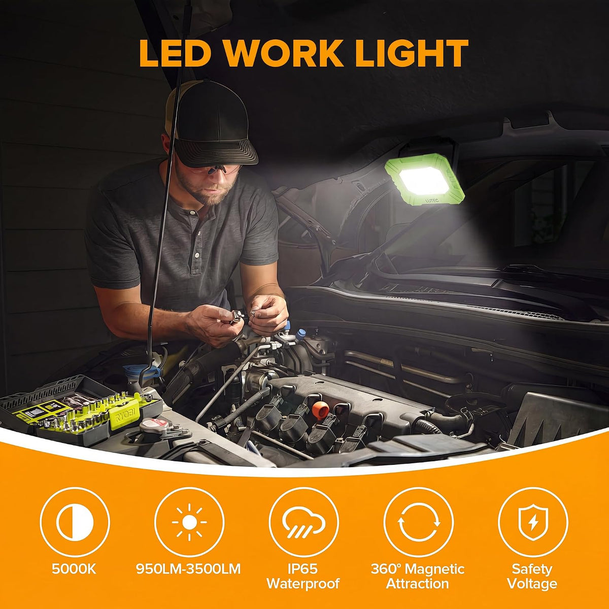 LUTEC 3500LM LED Work Light, Rechargeable Magnetic Work Lights with Stand, Portable 5000K Flood Light for Car Repair, Fishing, Camping, Emergency, Hiking, 3 Modes