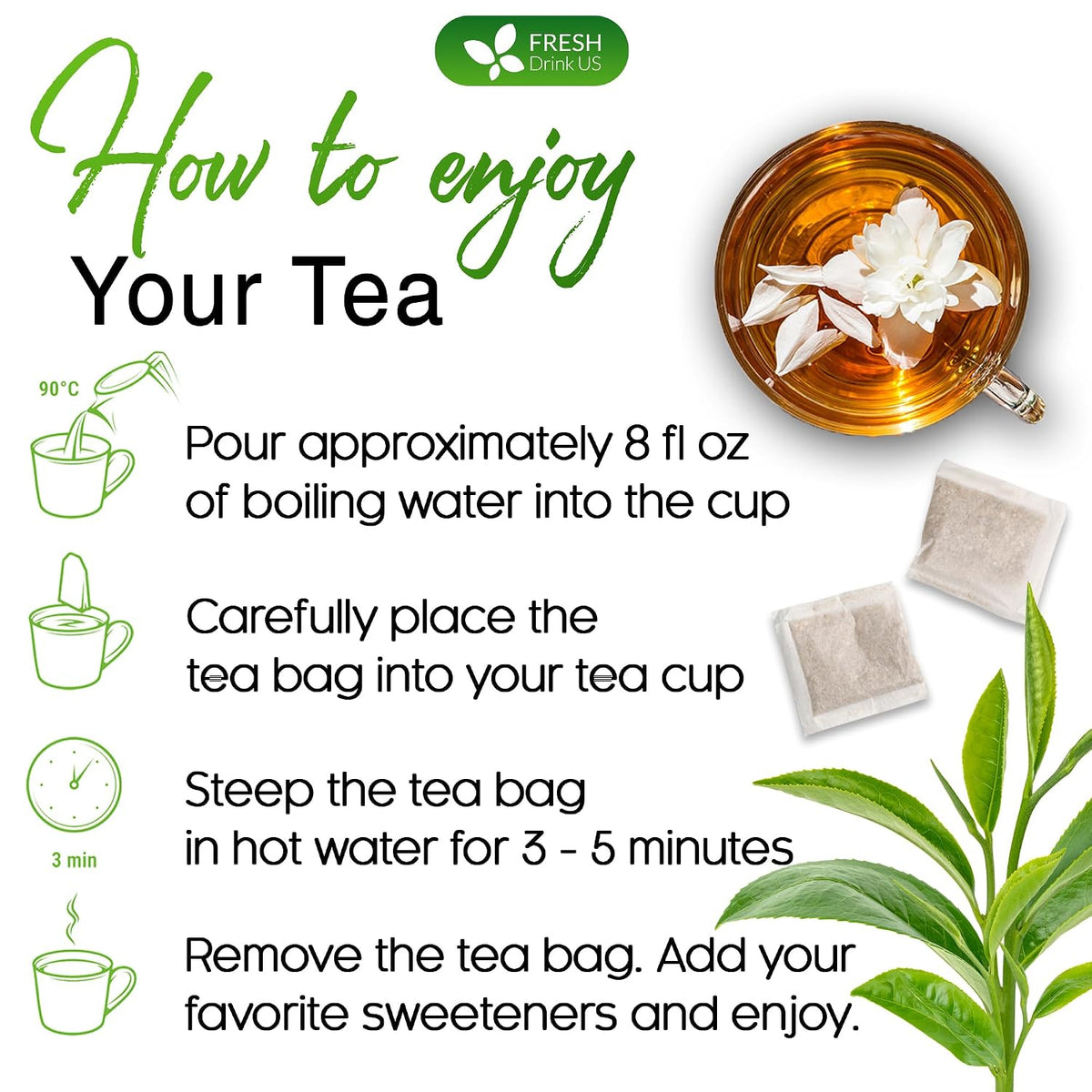 FreshDrinkUS, Premium 135 Jasmine Green Tea Bags, 100% Natural & Pure from Jasmine Green Herbal Tea. Made with Natural Material Tea Bags. No Sugar, No Caffeine, No Gluten, Vegan.