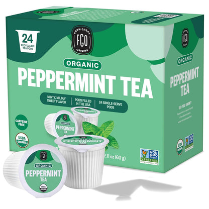 FGO Organic Peppermint Tea K-Cup Pods for Keurig, 24 Count (Pack of 1), Naturally Caffeine-Free Herbal Tea, USDA Organic, Non-GMO, & Recyclable