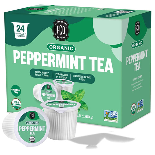 FGO Organic Peppermint Tea K-Cup Pods for Keurig, 24 Count (Pack of 1), Naturally Caffeine-Free Herbal Tea, USDA Organic, Non-GMO, & Recyclable