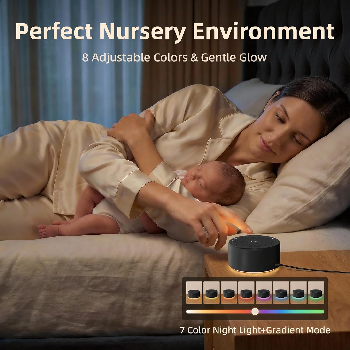 Kipcush White Noise Machine for Baby & Adults, 30 Soothing Sounds, Soft Non-Glare Nursery Lamp, 8 Color Night Lights, Memory Function (Angel V1 White, Standard)