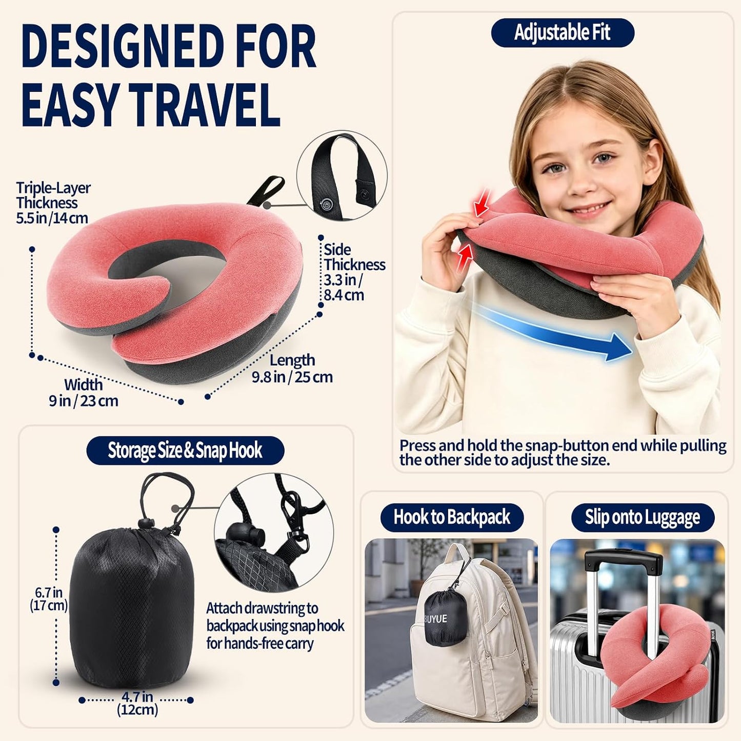 BUYUE Travel Neck Pillows for Airplanes, Memory Foam 360° Head Support Sleep for Long Flight, Skin-Friendly & Breathable, Kit with Eye Mask, Earplugs and Storage Bag (Adult, Grey, 90+ lbs)