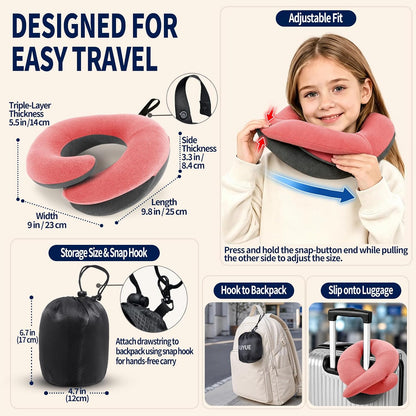 BUYUE Travel Neck Pillows for Airplanes, Memory Foam 360° Head Support Sleep for Long Flight, Skin-Friendly & Breathable, Kit with Eye Mask, Earplugs and Storage Bag (Adult, Grey, 90+ lbs)