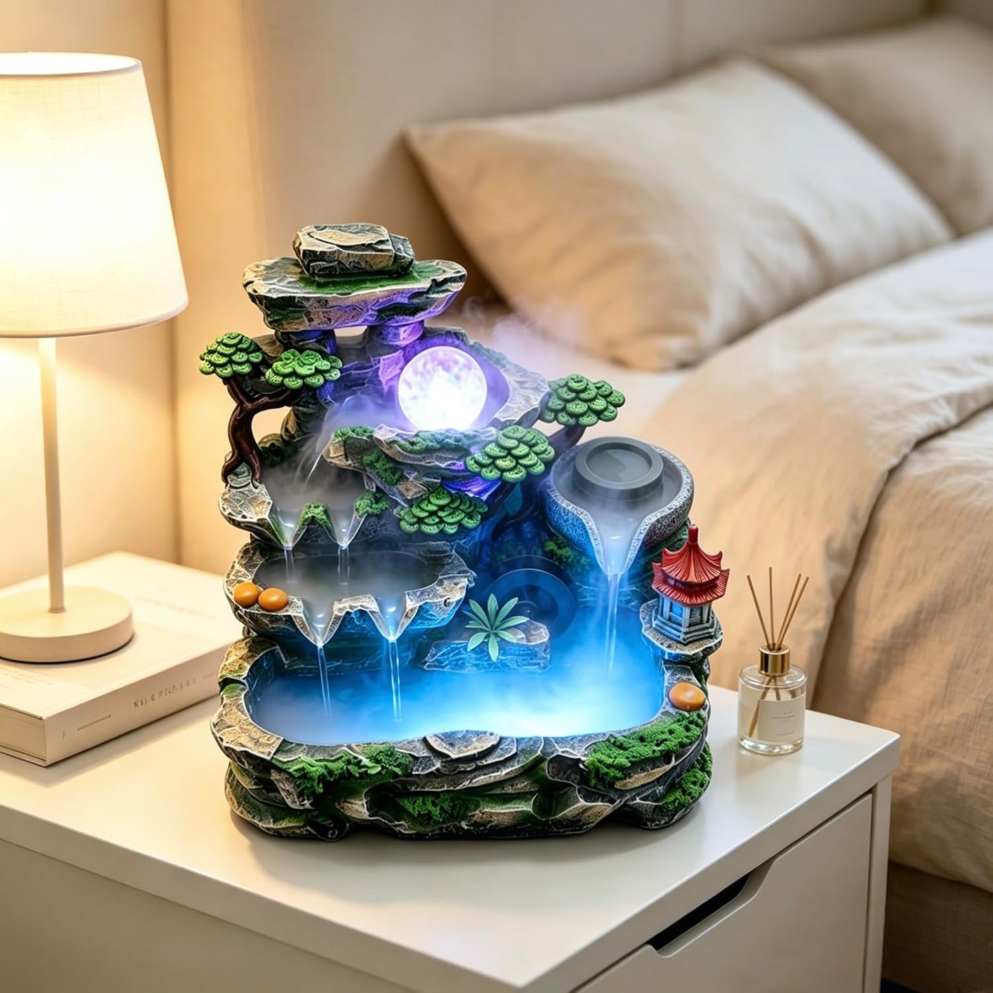 Mini Artificial Bonsai Tree Waterfall Fog Feature Rock Tabletop Fountain | 11in Desktop Decor Waterfall Fountain W/ Water Pump& Atomizer&LED Lights &Fake Tree Office Bedroom Relax