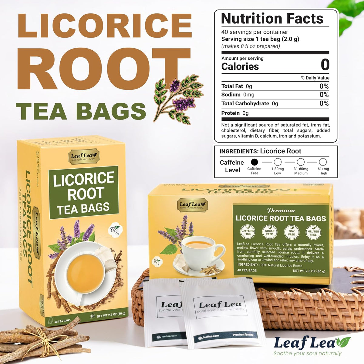 LeafLea Licorice Root Tea Bags, Caffeine-Free Liquorice Tea, 80 Count