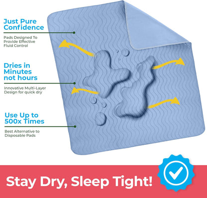 Utopia Bedding Washable Underpads 34" x 36" (Pack of 4), Waterproof Reusable Heavy Absorbency Incontinence Bed Pads for Adults, Kids, Elderly and Pets, Bedwetting Pads for Sofa and Couch (Blue)