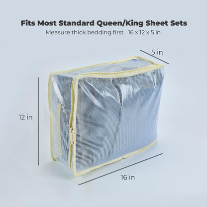 Clear Bed Sheet Organizer Bags, 3 Pack Sheet Storage Bags for Linen Closet, Zippered Bedding Set Organizers for Fitted Sheets, Flat Sheets & Pillowcases, Fits Most Queen/King Sets