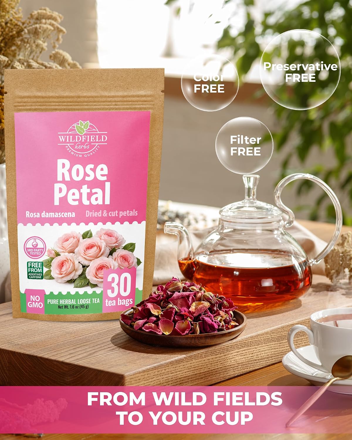 30 Bags Rose Petal Buds Herbal Tea (Rosa Damascena) - 30 Count 1g Bags Dried Rose Herb Té De Rosa