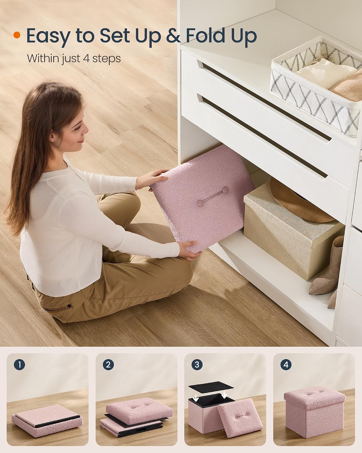 SONGMICS Small Folding Storage Ottoman, Foot Rest Stool, Cube Footrest, Synthetic Leather, 12.2 x 16.1 x 12.2 Inches, 286 lb Capacity, for Living Room, Bedroom, Dorm, Ink Black ULSF100B01