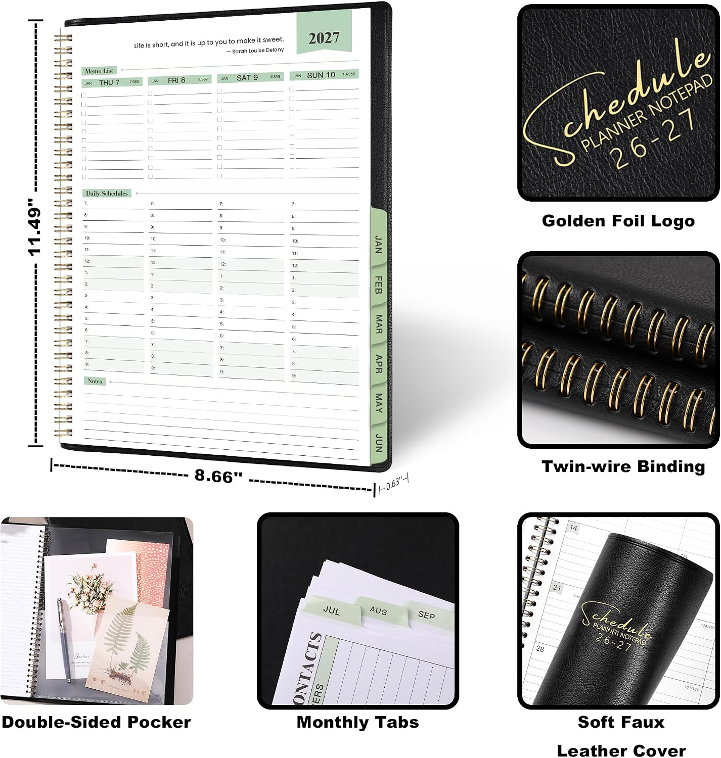 Appointment Book 2026-2027- Business Planner, JUL 2026 - JUN 2027,Planner 2026-2027, 3-Tier Schedule Planner, 8.74" x 11.38", 60 Minutes Intervals + Monthly Tabs + Leather Cover + Pocket - Pea Green